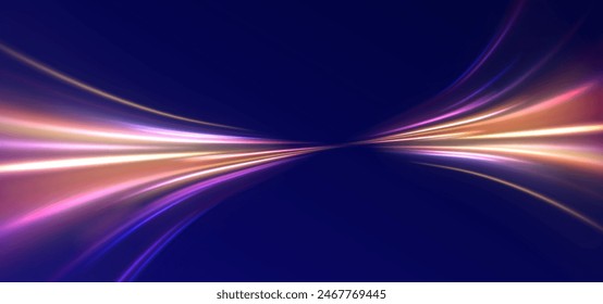 Neon line as speed or arc, turn, twist, bend in light effect. Light arc in neon colors, in the form of a turn and a zigzag. Abstract background in blue, yellow and orange neon colors.