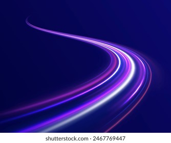 Neon line as speed or arc, turn, twist, bend in light effect. Light arc in neon colors, in the form of a turn and a zigzag. Abstract background in blue, yellow and orange neon colors.