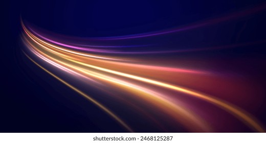 Neon line as speed or arc, turn, twist, bend in light effect. Light arc in neon colors, in the form of a turn and a zigzag. Abstract background in blue, yellow and orange neon colors.