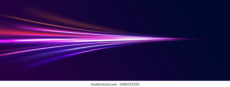 Neon line as speed or arc, turn, twist, bend in light effect. Light arc in neon colors, in the form of a turn and a zigzag. Abstract background in blue, yellow and orange neon colors.