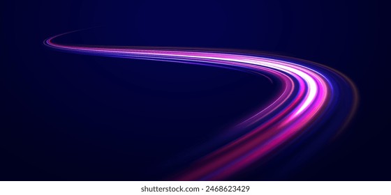 Neon line as speed or arc, turn, twist, bend in light effect. Light arc in neon colors, in the form of a turn and a zigzag. Abstract background in blue, yellow and orange neon colors.