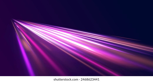 Neon line as speed or arc, turn, twist, bend in light effect. Light arc in neon colors, in the form of a turn and a zigzag. Abstract background in blue, yellow and orange neon colors.