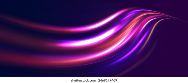 Neon line as speed or arc, turn, twist, bend in light effect. Light arc in neon colors, in the form of a turn and a zigzag. Abstract background in blue, yellow and orange neon colors.