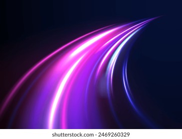 Neon line as speed or arc, turn, twist, bend in light effect. Light arc in neon colors, in the form of a turn and a zigzag. Abstract background in blue, yellow and orange neon colors.