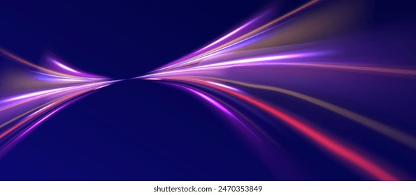 Neon line as speed or arc, turn, twist, bend in light effect. Light arc in neon colors, in the form of a turn and a zigzag. Abstract background in blue, yellow and orange neon colors.