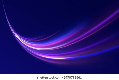 Neon line as speed or arc, turn, twist, bend in light effect. Light arc in neon colors, in the form of a turn and a zigzag. Abstract background in blue, yellow and orange neon colors.