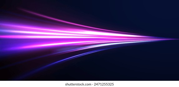 Neon line as speed or arc, turn, twist, bend in light effect. Light arc in neon colors, in the form of a turn and a zigzag. Abstract background in blue, yellow and orange neon colors.