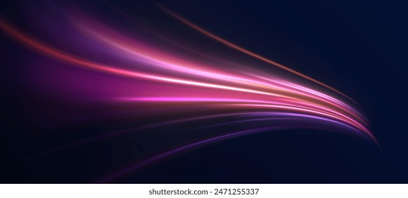 Neon line as speed or arc, turn, twist, bend in light effect. Light arc in neon colors, in the form of a turn and a zigzag. Abstract background in blue, yellow and orange neon colors.