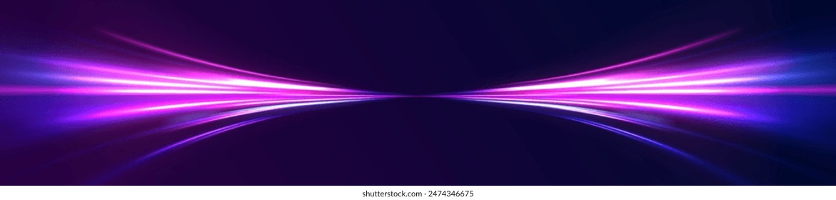 Neon line as speed or arc, turn, twist, bend in light effect. Light arc in neon colors, in the form of a turn and a zigzag. Abstract background in blue, yellow and orange neon colors.