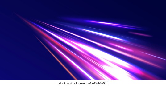 Neon line as speed or arc, turn, twist, bend in light effect. Light arc in neon colors, in the form of a turn and a zigzag. Abstract background in blue, yellow and orange neon colors.