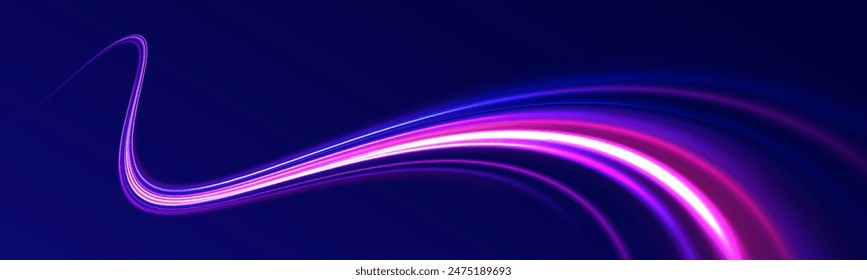 Neon line as speed or arc, turn, twist, bend in light effect. Light arc in neon colors, in the form of a turn and a zigzag. Abstract background in blue, yellow and orange neon colors.