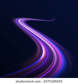 Neon line as speed or arc, turn, twist, bend in light effect. Light arc in neon colors, in the form of a turn and a zigzag. Abstract background in blue, yellow and orange neon colors.