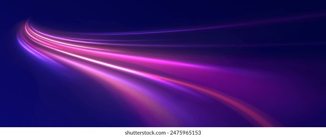 Neon line as speed or arc, turn, twist, bend in light effect. Light arc in neon colors, in the form of a turn and a zigzag. Abstract background in blue, yellow and orange neon colors.