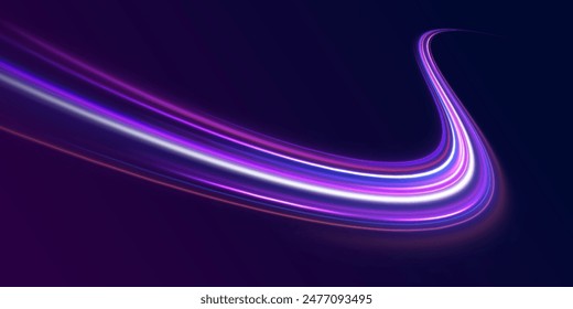 Línea de neón como velocidad o arco, girar, torcer, doblar en efecto de luz. Arco claro en colores neón, en forma de giro y zigzag. Fondo Abstractas en colores de neón azul, amarillo y naranja.