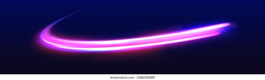 Neon line as speed or arc, turn, twist, bend in light effect. Expressway in long delay, with car lights at night on autobahn. Vector glitter light fire flare trace.	
