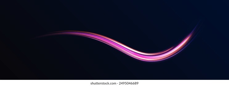 Neonlinie als Geschwindigkeit oder Bogen, Drehen, Verdrehen, Biegen im Lichteffekt. Lichtbogen in Neonfarben, in Form einer Kurve und eines Zickzacks. Abstrakter Hintergrund in Blau, Gelb und Orange Neonfarben.	