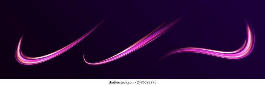 Neon line as speed or arc, turn, twist, bend in light effect. Light arc in neon colors, in the form of a turn and a zigzag. Abstract background in blue, yellow and orange neon colors.	