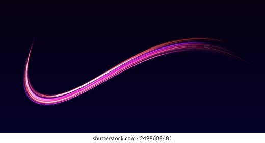 Neon line as speed or arc, turn, twist, bend in light effect. Light arc in neon colors, in the form of a turn and a zigzag. Abstract background in blue, yellow and orange neon colors.	