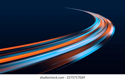 Neon line as speed or arc, turn, twist, bend in light effect. Long exposure of motorways as speed. Vector speed of light in space on dark background.	