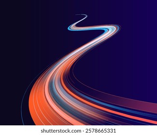 Neon line as speed or arc, turn, twist, bend in light effect. Long exposure of motorways as speed. Vector speed of light in space on dark background.	
