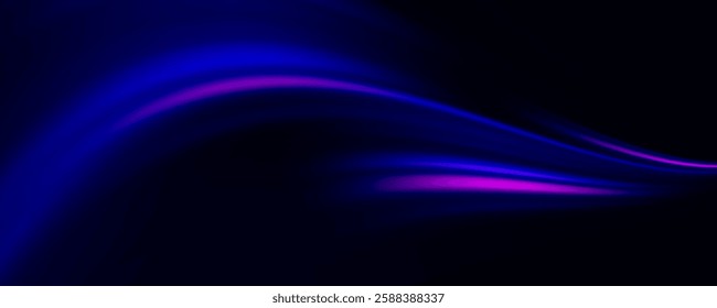 Neon line as speed or arc, turn, twist, bend in light effect. Light arc in neon colors, in the form of a turn and a zigzag. Abstract background in blue, 