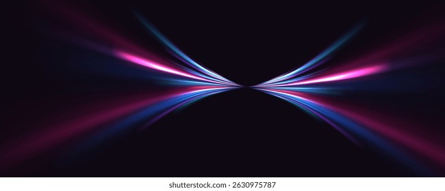 Neon line as speed or arc, turn, twist, bend in light effect. Light arc in neon colors, in the form of a turn and a zigzag. Abstract background in blue, yellow and orange neon colors.
