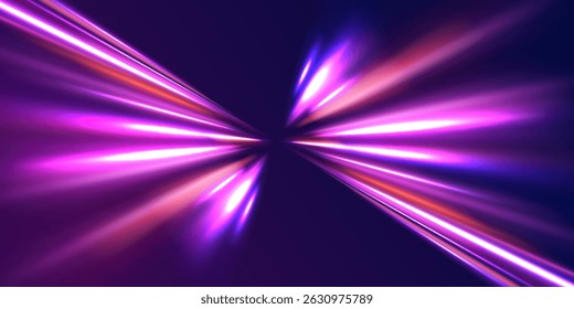 Neon line as speed or arc, turn, twist, bend in light effect. Light arc in neon colors, in the form of a turn and a zigzag. Abstract background in blue, yellow and orange neon colors.