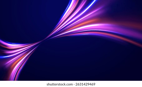 Neon line as speed or arc, turn, twist, bend in light effect. Light arc in neon colors, in the form of a turn and a zigzag. Abstract background in blue, yellow and orange neon colors.
