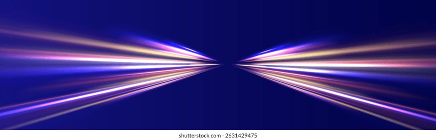 Neon line as speed or arc, turn, twist, bend in light effect. Light arc in neon colors, in the form of a turn and a zigzag. Abstract background in blue, yellow and orange neon colors.