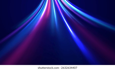 Neon line as speed or arc, turn, twist, bend in light effect. Light arc in neon colors, in the form of a turn and a zigzag. Abstract background in blue, yellow and orange neon colors.