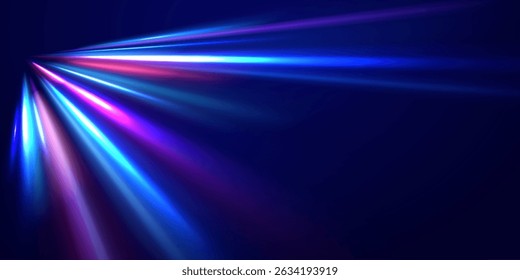 Neon line as speed or arc, turn, twist, bend in light effect. Light arc in neon colors, in the form of a turn and a zigzag. Abstract background in blue, yellow and orange neon colors.