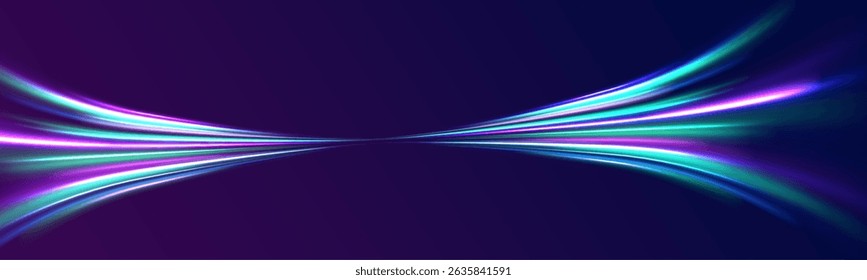 Neon line as speed or arc, turn, twist, bend in light effect. Light arc in neon colors, in the form of a turn and a zigzag. Abstract background in blue, yellow and orange neon colors.