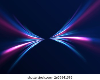 Neon line as speed or arc, turn, twist, bend in light effect. Light arc in neon colors, in the form of a turn and a zigzag. Abstract background in blue, yellow and orange neon colors.