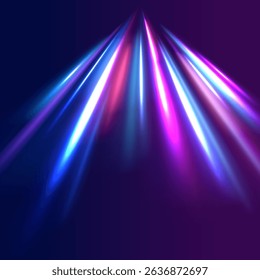 Neon line as speed or arc, turn, twist, bend in light effect. Light arc in neon colors, in the form of a turn and a zigzag. Abstract background in blue, yellow and orange neon colors.