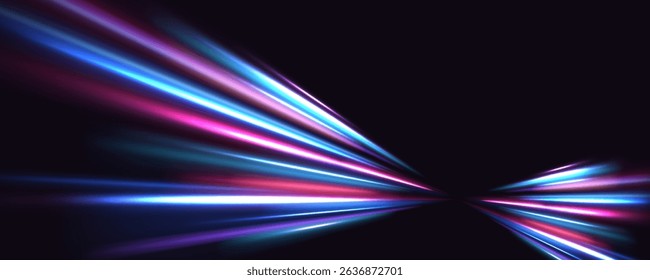Neon line as speed or arc, turn, twist, bend in light effect. Light arc in neon colors, in the form of a turn and a zigzag. Abstract background in blue, yellow and orange neon colors.
