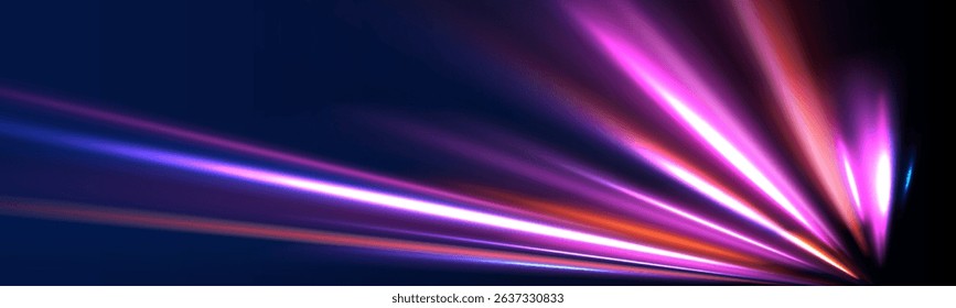 Neon line as speed or arc, turn, twist, bend in light effect. Light arc in neon colors, in the form of a turn and a zigzag. Abstract background in blue, yellow and orange neon colors.