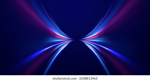 Neon line as speed or arc, turn, twist, bend in light effect. Light arc in neon colors, in the form of a turn and a zigzag. Abstract background in blue, yellow and orange neon colors.