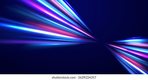 Neon line as speed or arc, turn, twist, bend in light effect. Light arc in neon colors, in the form of a turn and a zigzag. Abstract background in blue, yellow and orange neon colors.
