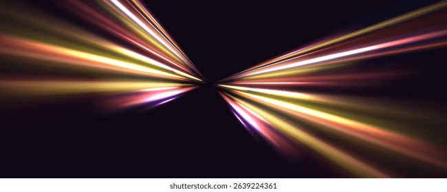 Neon line as speed or arc, turn, twist, bend in light effect. Light arc in neon colors, in the form of a turn and a zigzag. Abstract background in blue, yellow and orange neon colors.