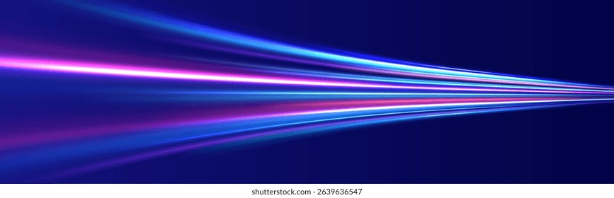 Neon line as speed or arc, turn, twist, bend in light effect. Light arc in neon colors, in the form of a turn and a zigzag. Abstract background in blue, yellow and orange neon colors.