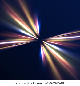 Neon line as speed or arc, turn, twist, bend in light effect. Light arc in neon colors, in the form of a turn and a zigzag. Abstract background in blue, yellow and orange neon colors.