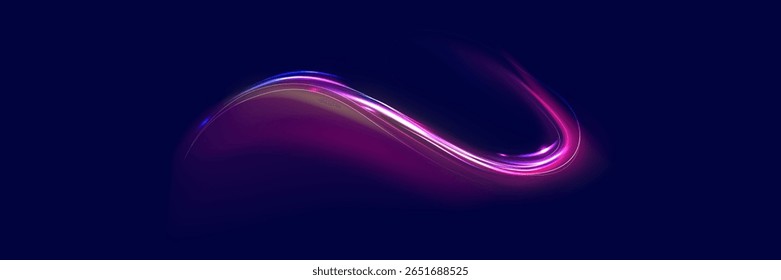 Linha de néon como velocidade ou arco, virar, torcer, curvar com efeito de luz. Arco claro em cores neon, na forma de uma curva e um ziguezague. Fundo abstrato em azul
