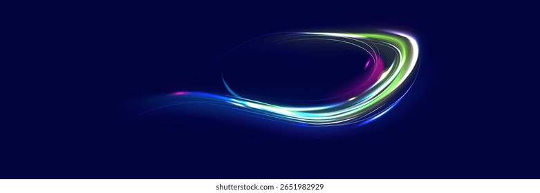 Neon line as speed or arc, turn, twist, bend in light effect. Light arc in neon colors, in the form of a turn and a zigzag. Abstract background in blue