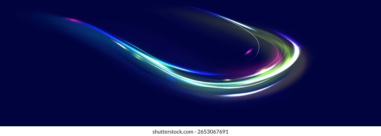Neon line as speed or arc, turn, twist, bend in light effect. Light arc in neon colors, in the form of a turn and a zigzag. Abstract background in blue