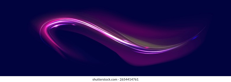 Linha de néon como velocidade ou arco, virar, torcer, curvar com efeito de luz. Arco claro em cores neon, na forma de uma curva e um ziguezague. Fundo abstrato em azul