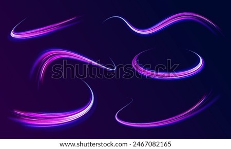 Neon line as speed or arc, turn, twist, bend in light effect. Light arc in neon colors, in the form of a turn and a zigzag. Abstract background in blue, yellow and orange neon colors.	