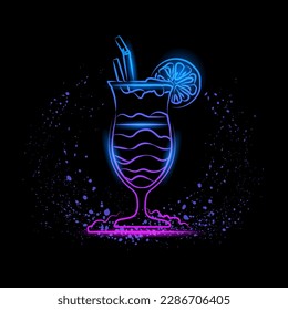 Neon lineares Cocktaillogo auf schwarzem Hintergrund. Blaue und violette Neonbar für Beachparty oder Sommerurlaub-Banner.