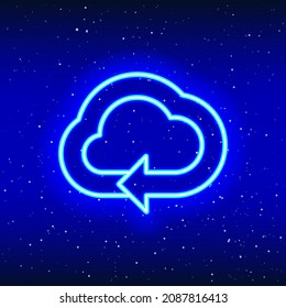 Neon linear design of moving arrow in cloud. neon cloud. Cloud at the marker arrow. Weather in space with neon. Unique and realistic neon icon. Linear icon on blue background.