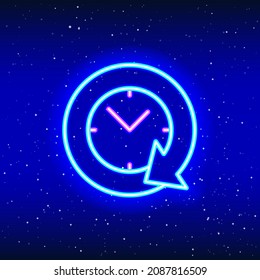 Neon linear design of moving arrow around clock. Neon clock and arrow. Clock on the marker arrow. Time in space with neon. Unique and realistic neon icon. Linear icon on blue background.