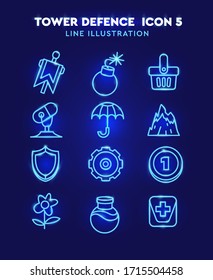 Iconos lineales para crear juegos 2d. Vector establecido para los juegos de defensa en torre. Iconos azules sobre fondo oscuro.